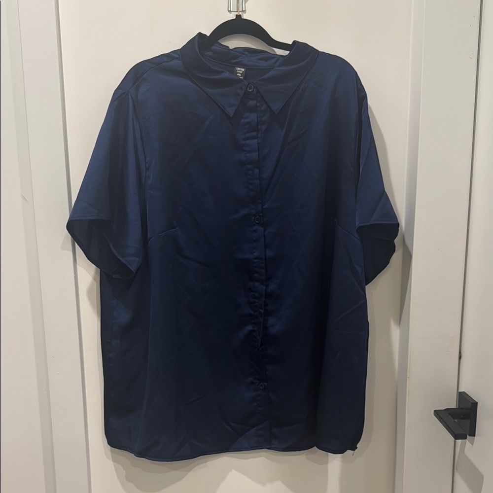 Women's Satin Navy Blue Short Sleeve Shirt